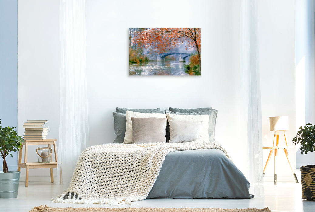 Premium Textil-Leinwand Fluss mit Brücke im Herbst