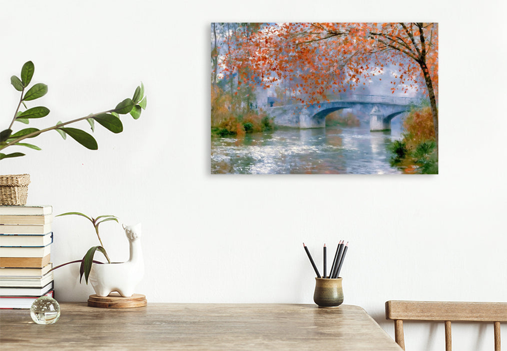 Premium Textil-Leinwand Fluss mit Brücke im Herbst