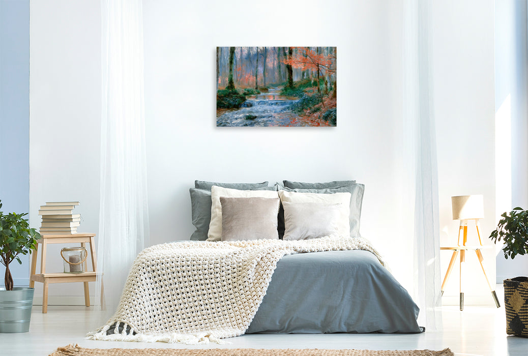 Premium Textil-Leinwand Kühler Bach im lichten Wald