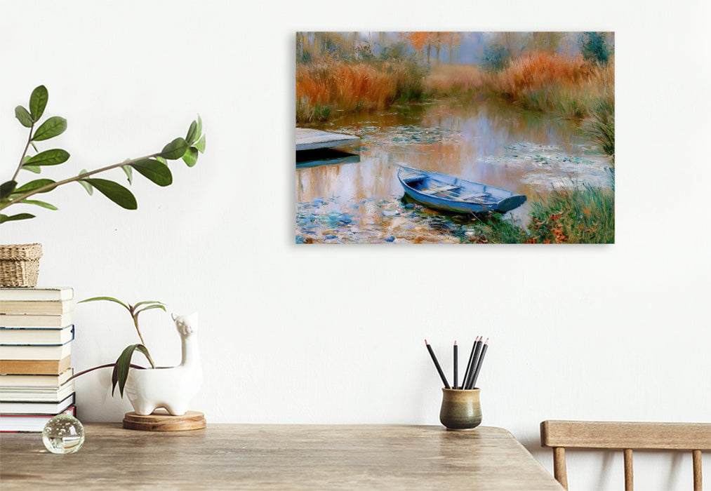 Premium Textil-Leinwand Stiller Weiher im Herbst