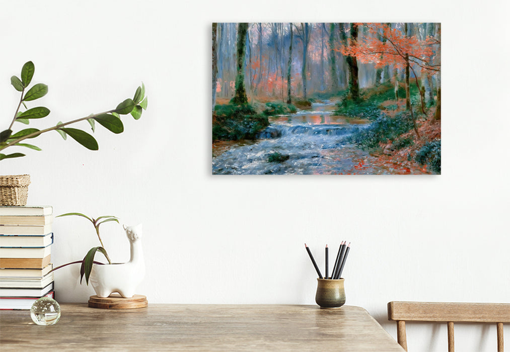 Premium Textil-Leinwand Kühler Bach im lichten Wald