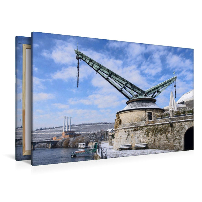Premium Textil-Leinwand Alte Kranen am Mainufer