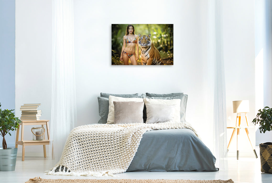 Premium Textil-Leinwand Eine Frau, die neben der Wildnis bestehen kann.