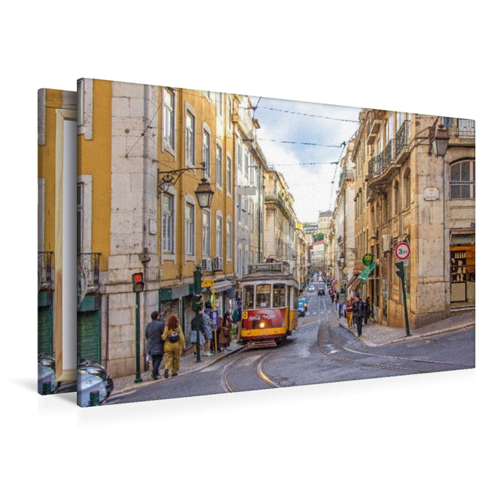Premium Textil-Leinwand Straßenbahnschienen im Herzen der Lissaboner Altstadt