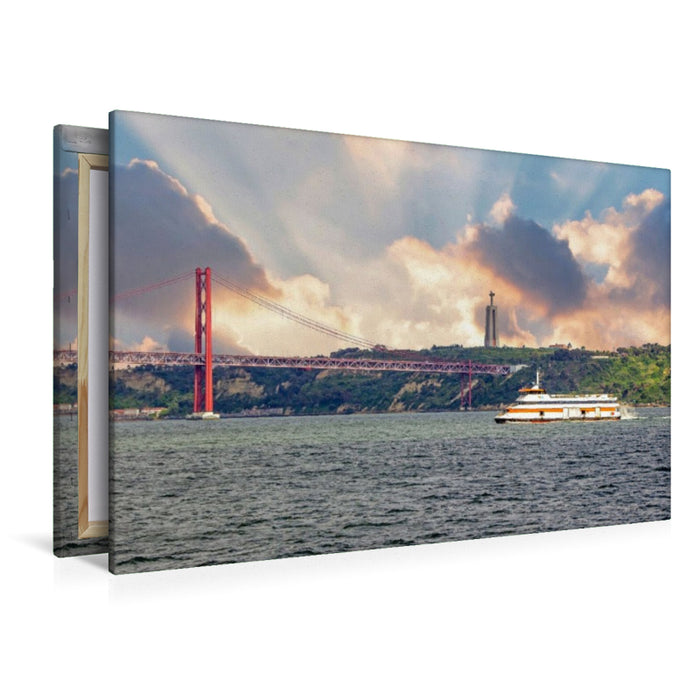 Premium Textil-Leinwand Ponte 25 de Abril und die Cristo-Rei-Statue am Tejo