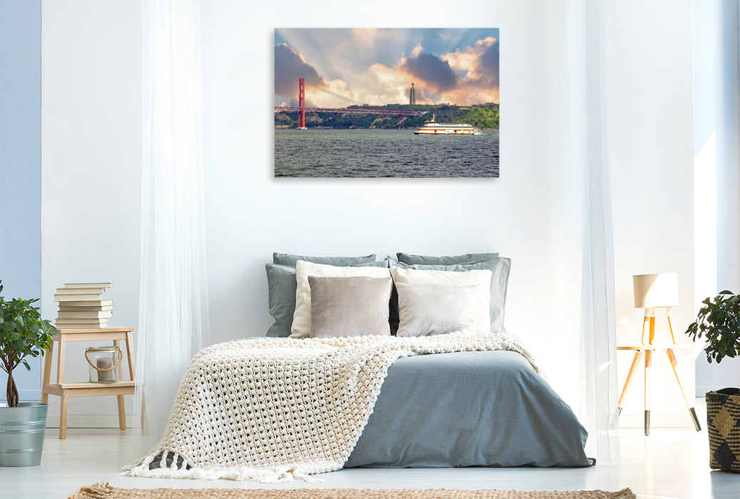 Premium Textil-Leinwand Ponte 25 de Abril und die Cristo-Rei-Statue am Tejo