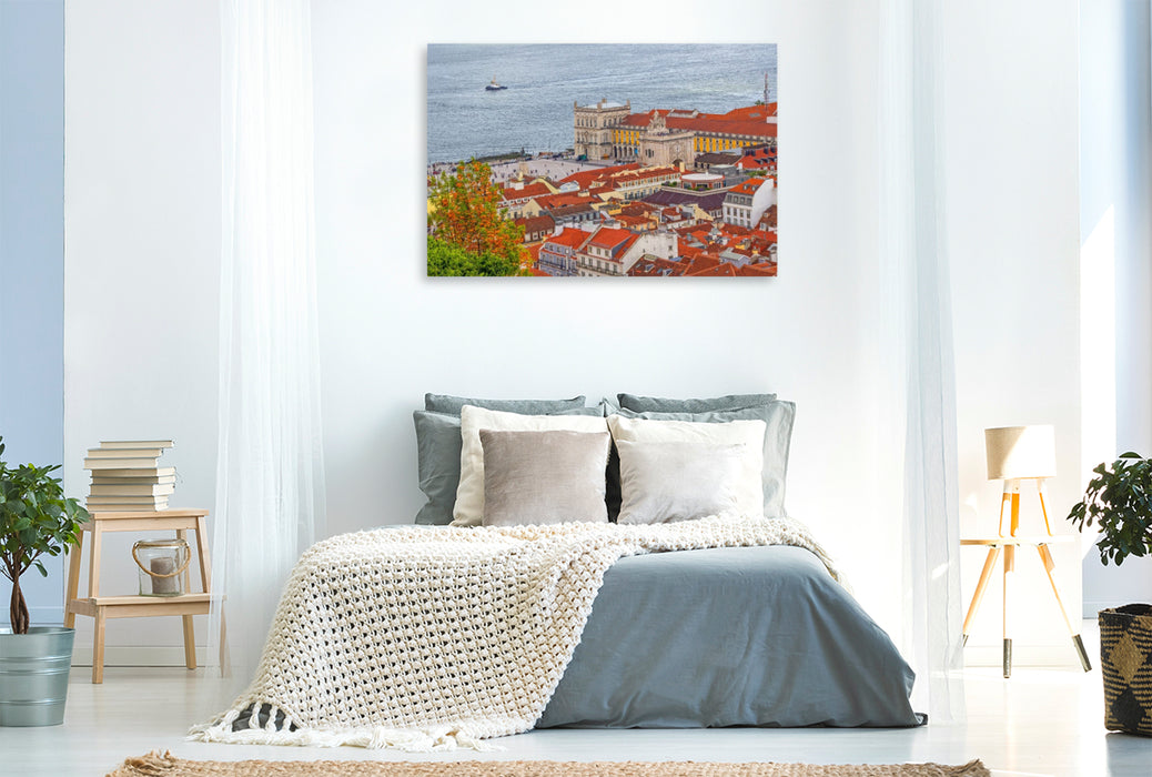 Premium Textil-Leinwand Der Arco da Rua Augusta und die Praça do Comércio von oben