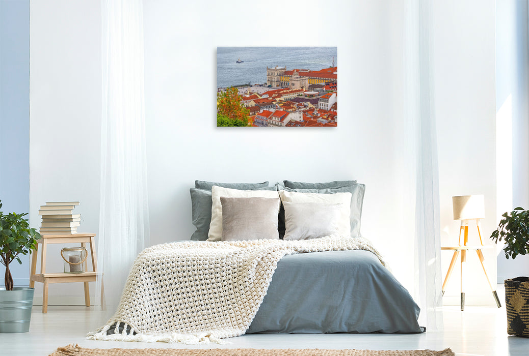 Premium Textil-Leinwand Der Arco da Rua Augusta und die Praça do Comércio von oben