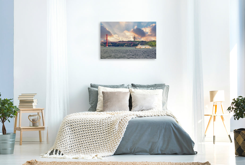 Premium Textil-Leinwand Ponte 25 de Abril und die Cristo-Rei-Statue am Tejo