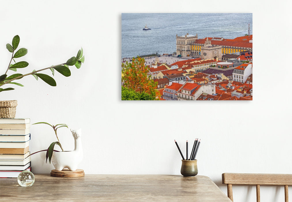 Premium Textil-Leinwand Der Arco da Rua Augusta und die Praça do Comércio von oben