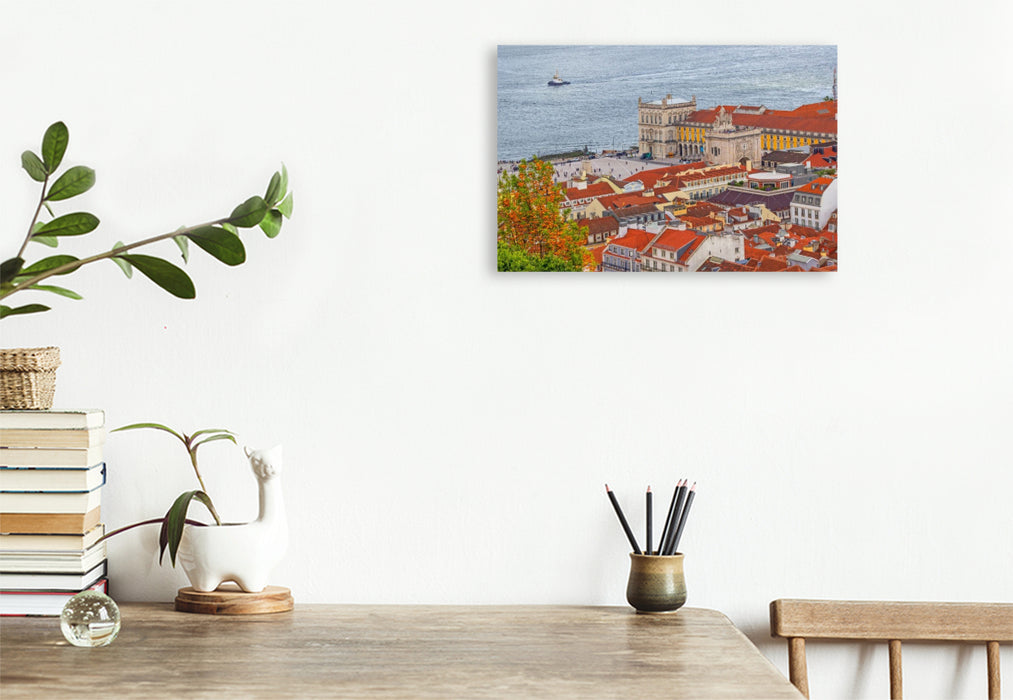 Premium Textil-Leinwand Der Arco da Rua Augusta und die Praça do Comércio von oben