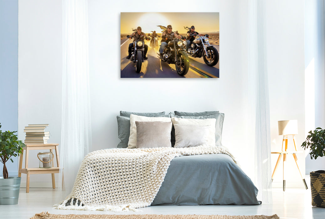 Premium Textil-Leinwand Stahl, Herz, Freiheit – und mittendrin das Glück.