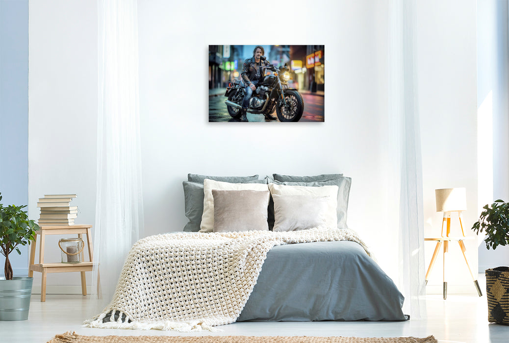 Premium Textil-Leinwand Rocker sein heißt, Glück nicht suchen, sondern fahren.