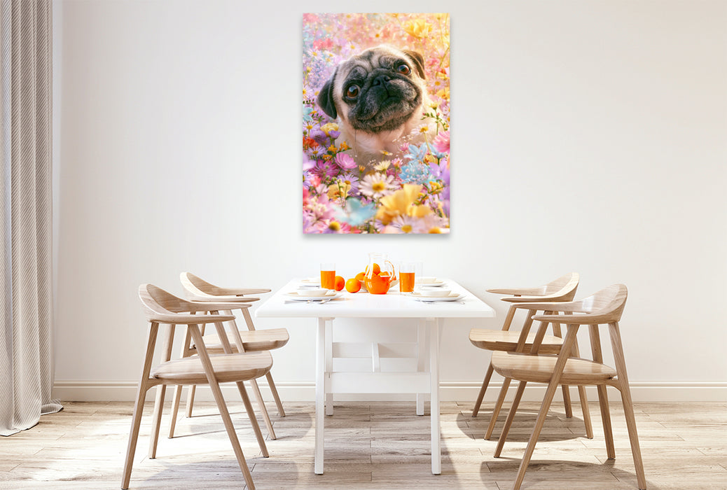 Premium Textil-Leinwand Blütenzauber und Hundeglück