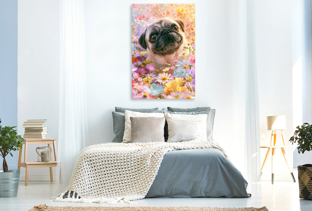 Premium Textil-Leinwand Blütenzauber und Hundeglück
