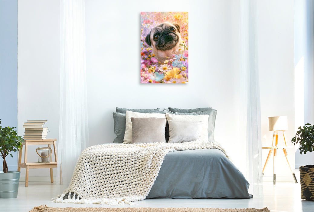 Premium Textil-Leinwand Blütenzauber und Hundeglück