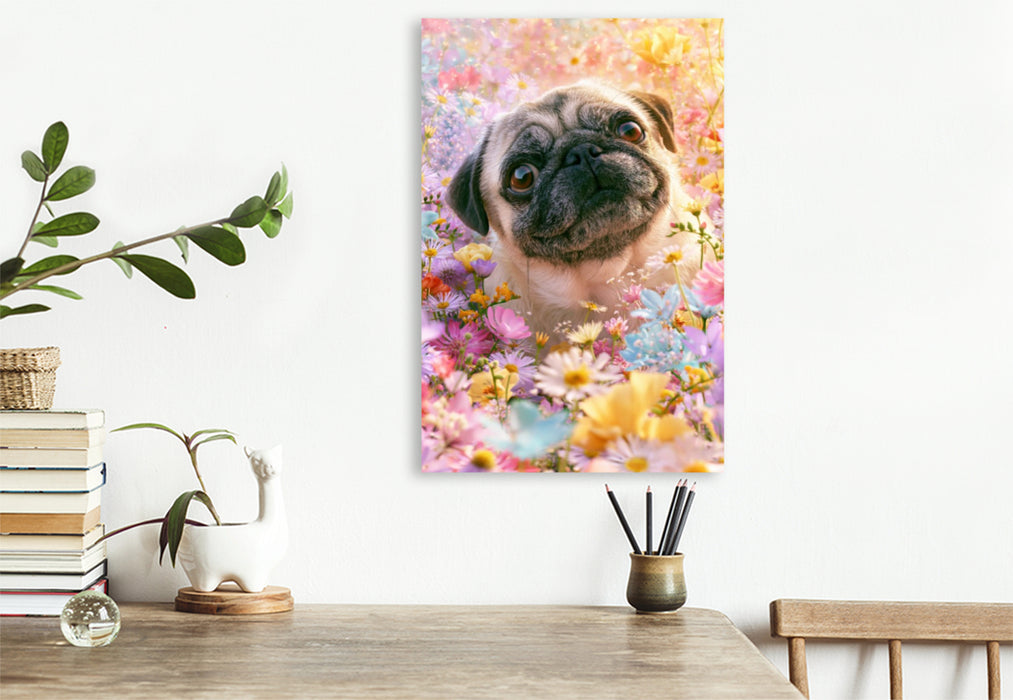 Premium Textil-Leinwand Blütenzauber und Hundeglück