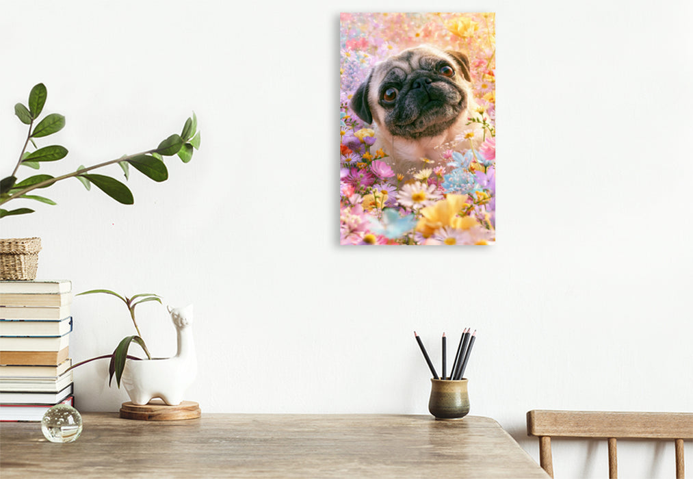 Premium Textil-Leinwand Blütenzauber und Hundeglück