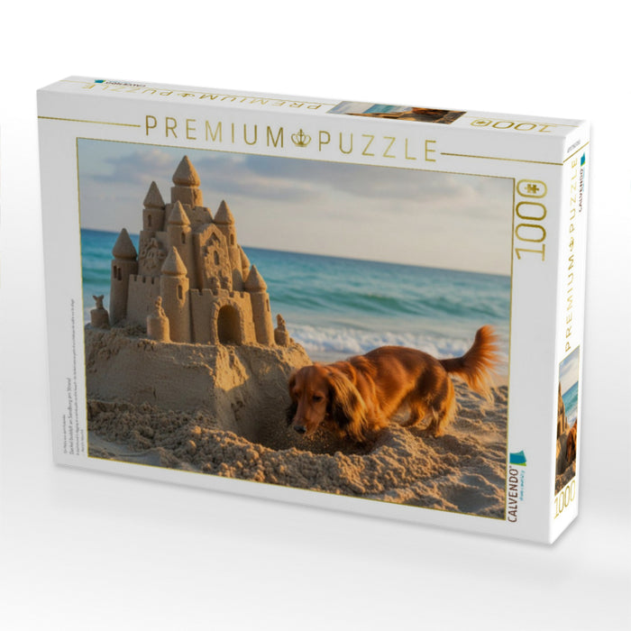 Dackel buddelt an Sandburg am Strand - CALVENDO Foto-Puzzle'