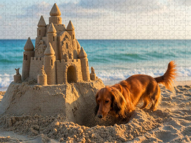 Dackel buddelt an Sandburg am Strand - CALVENDO Foto-Puzzle'