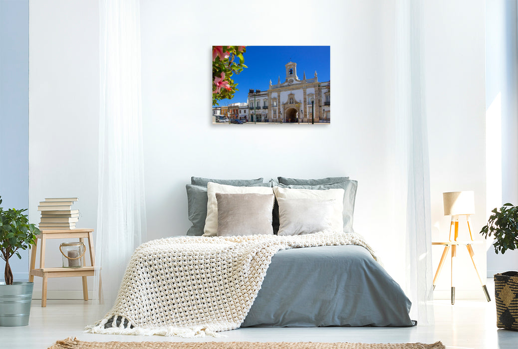 Premium Textil-Leinwand Hibiskusblüten am neoklassizistischen Stadttor