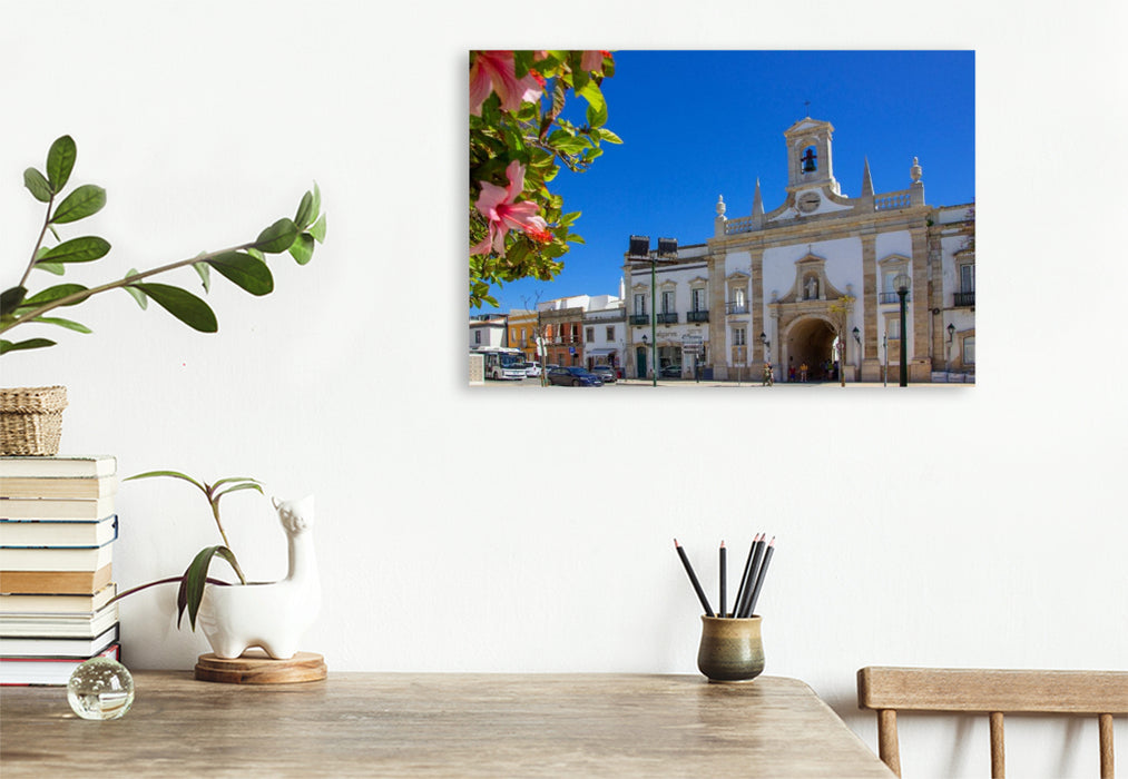 Premium Textil-Leinwand Hibiskusblüten am neoklassizistischen Stadttor