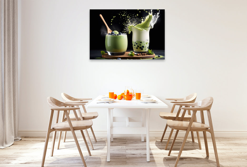 Premium Textil-Leinwand Matcha-Blackberry-Mousse und trendiger Matcha-Boba-Latte