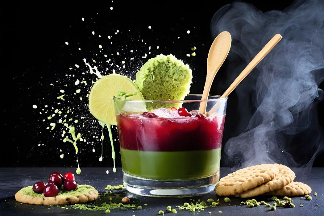 Premium Textil-Leinwand Lifestyle-Getränk Cranberry-Matcha-Latte mit Matcha-Cookie
