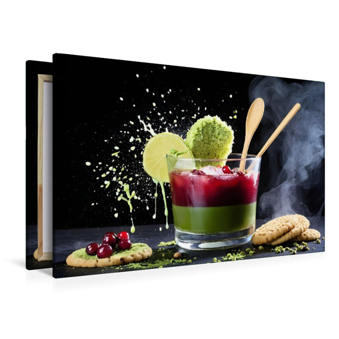 Premium Textil-Leinwand Lifestyle-Getränk Cranberry-Matcha-Latte mit Matcha-Cookie