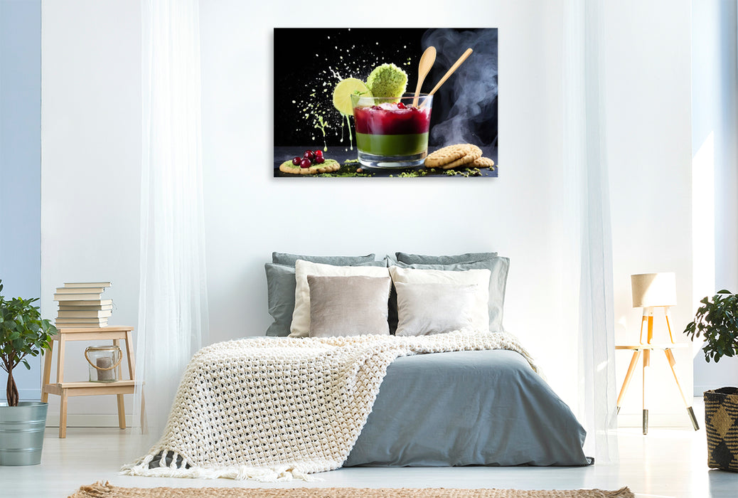 Premium Textil-Leinwand Lifestyle-Getränk Cranberry-Matcha-Latte mit Matcha-Cookie