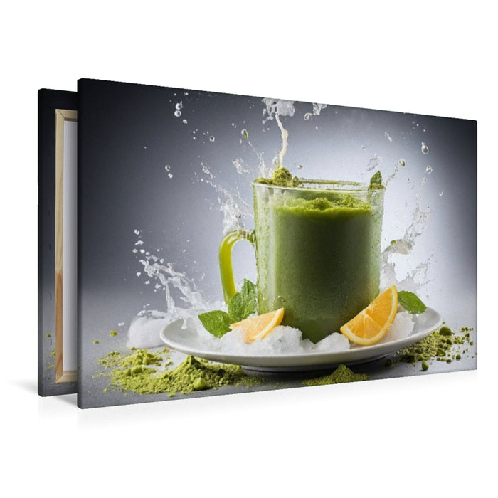 Premium Textil-Leinwand Matcha-Latte serviert auf einem Bett aus zerstoßenem Eis