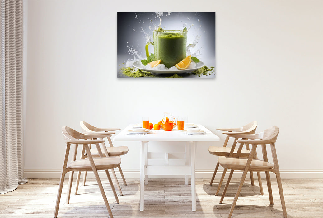 Premium Textil-Leinwand Matcha-Latte serviert auf einem Bett aus zerstoßenem Eis