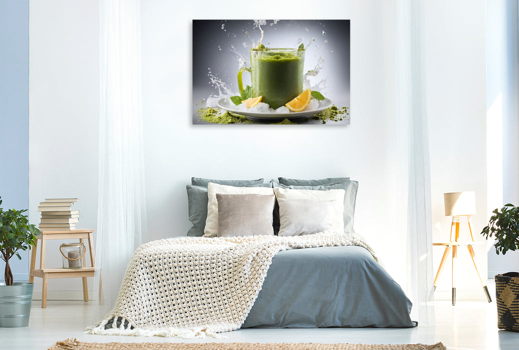 Premium Textil-Leinwand Matcha-Latte serviert auf einem Bett aus zerstoßenem Eis
