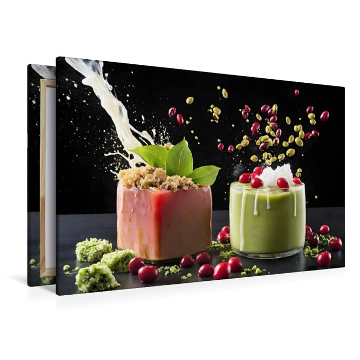 Premium Textil-Leinwand Rot glasiertes Matcha-Petit-Four mit Iced-Matcha-Latte