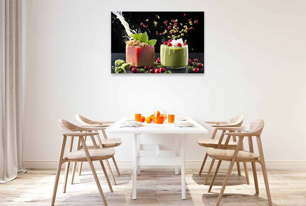 Premium Textil-Leinwand Rot glasiertes Matcha-Petit-Four mit Iced-Matcha-Latte