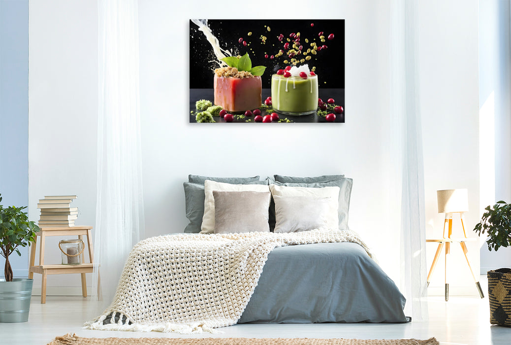 Premium Textil-Leinwand Rot glasiertes Matcha-Petit-Four mit Iced-Matcha-Latte