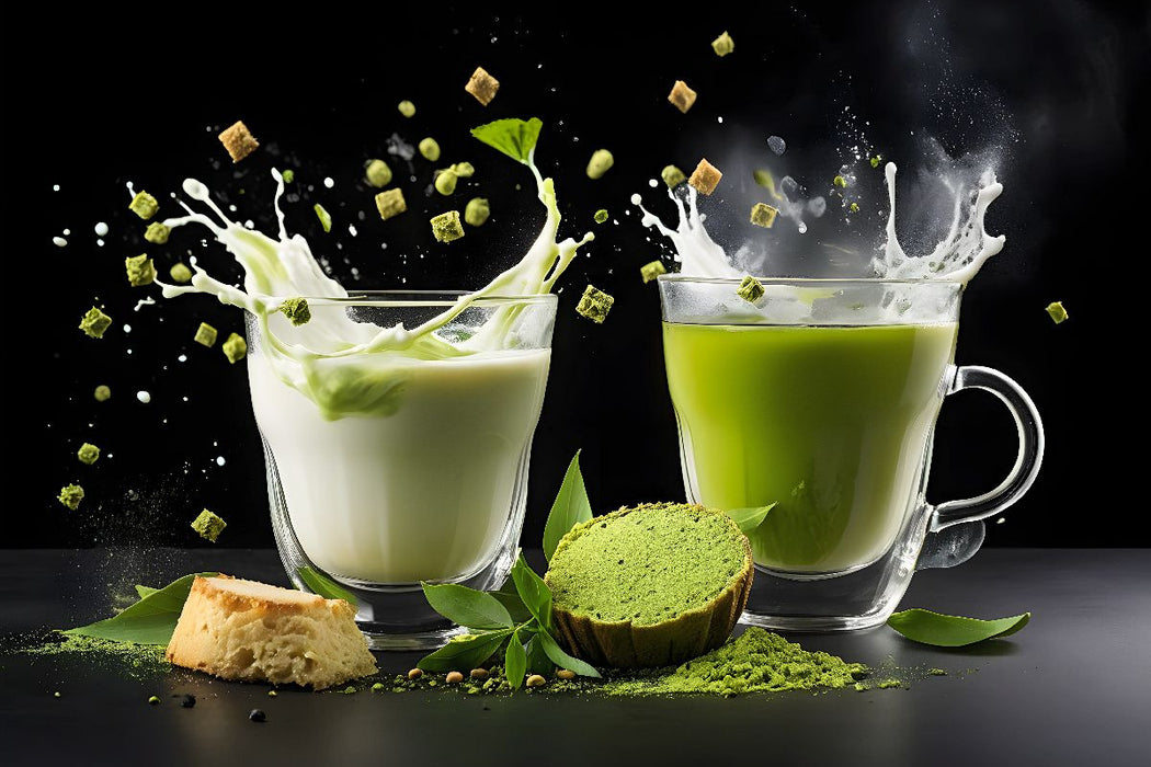 Premium Textil-Leinwand Vegane Matcha-Latte-Drinks mit Hafermilch und Matcha Mochi
