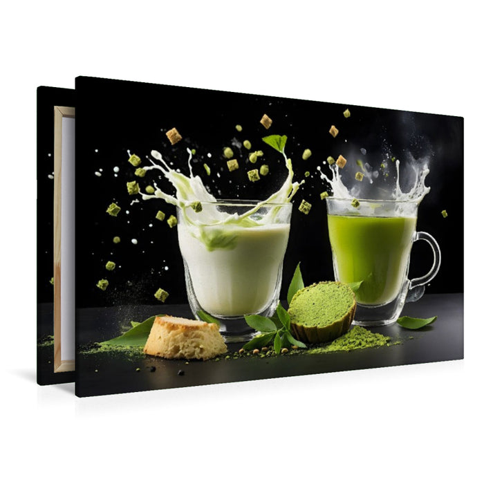 Premium Textil-Leinwand Vegane Matcha-Latte-Drinks mit Hafermilch und Matcha Mochi