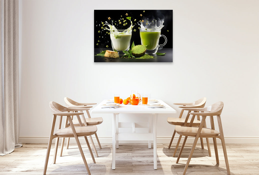 Premium Textil-Leinwand Vegane Matcha-Latte-Drinks mit Hafermilch und Matcha Mochi