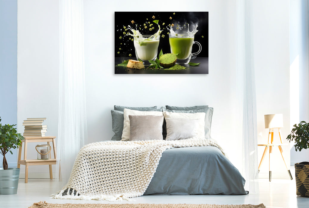 Premium Textil-Leinwand Vegane Matcha-Latte-Drinks mit Hafermilch und Matcha Mochi