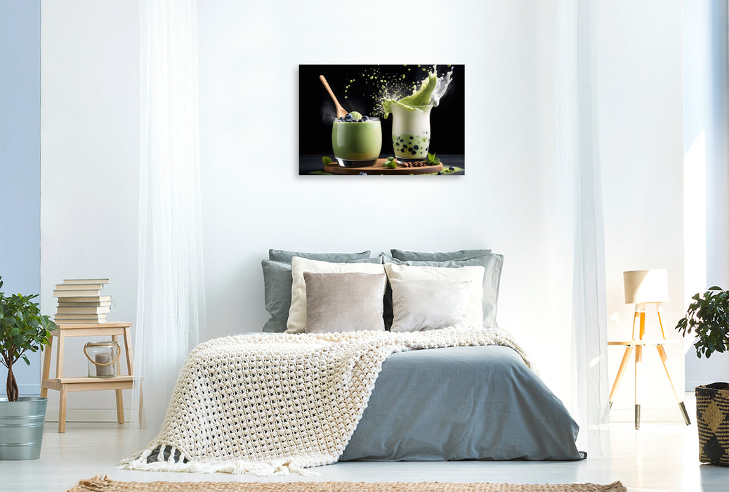 Premium Textil-Leinwand Matcha-Blackberry-Mousse und trendiger Matcha-Boba-Latte