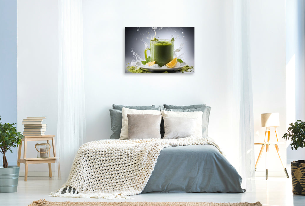 Premium Textil-Leinwand Matcha-Latte serviert auf einem Bett aus zerstoßenem Eis