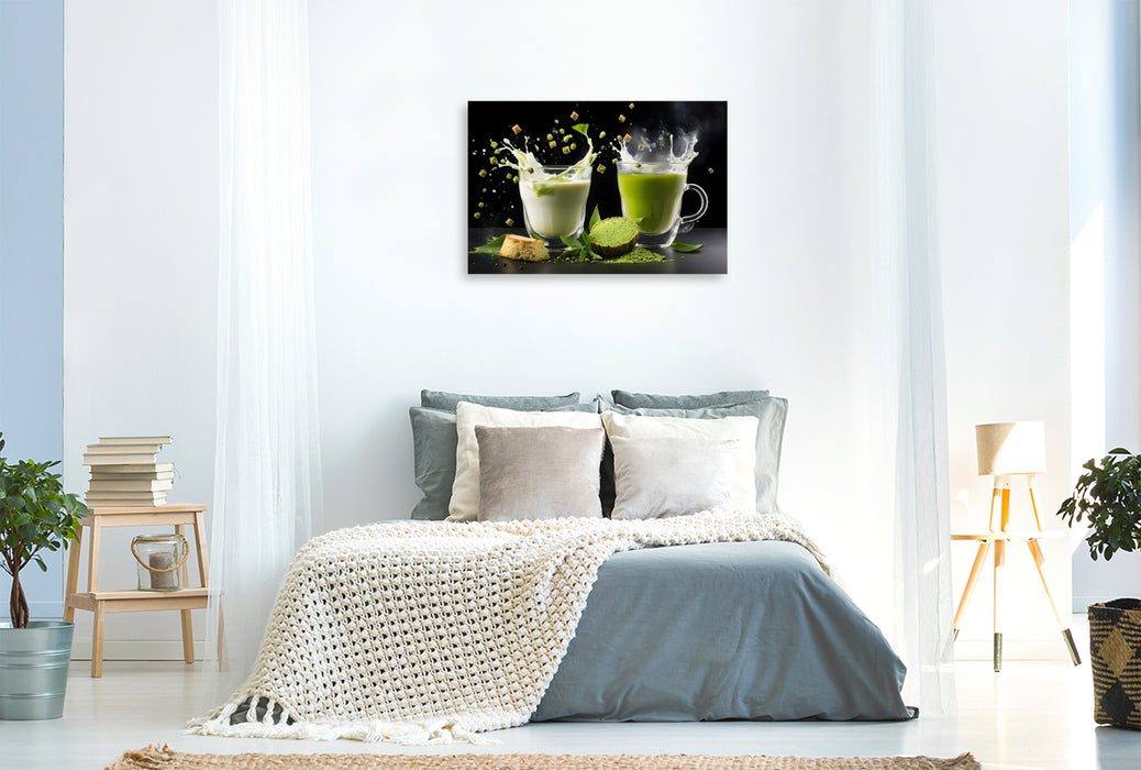 Premium Textil-Leinwand Vegane Matcha-Latte-Drinks mit Hafermilch und Matcha Mochi