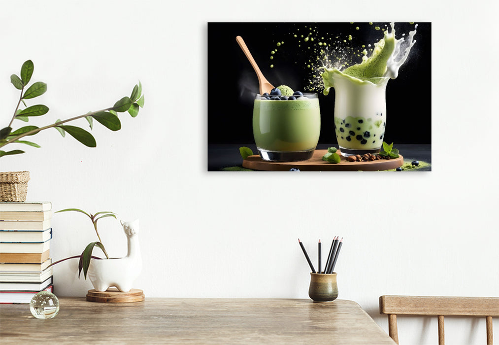 Premium Textil-Leinwand Matcha-Blackberry-Mousse und trendiger Matcha-Boba-Latte