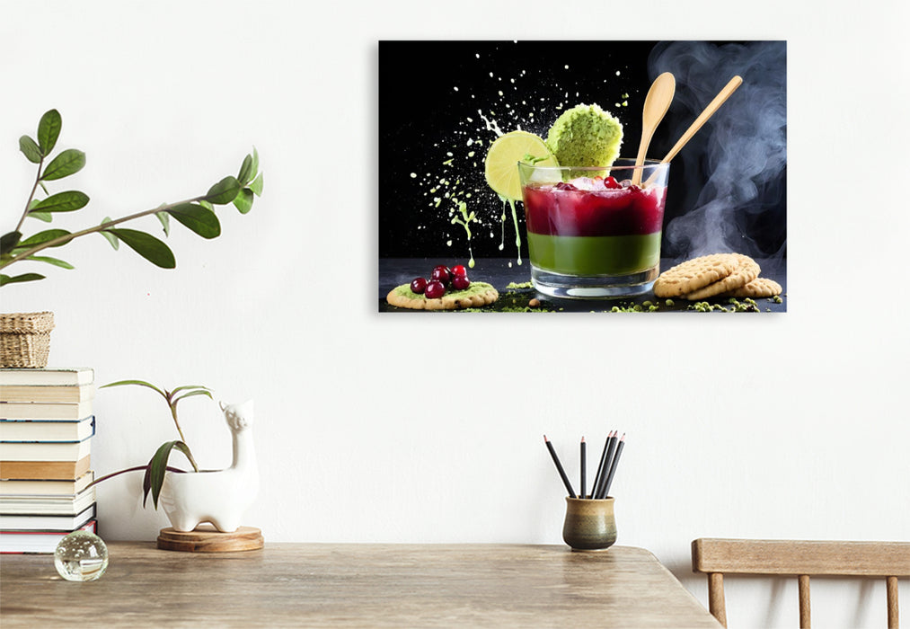 Premium Textil-Leinwand Lifestyle-Getränk Cranberry-Matcha-Latte mit Matcha-Cookie