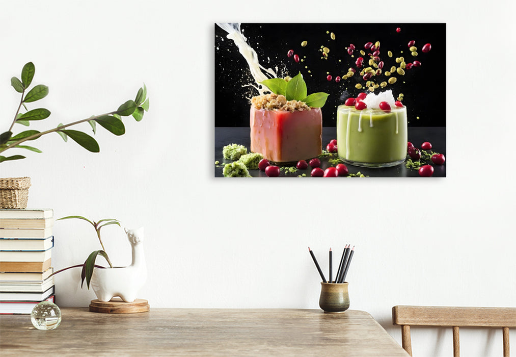 Premium Textil-Leinwand Rot glasiertes Matcha-Petit-Four mit Iced-Matcha-Latte