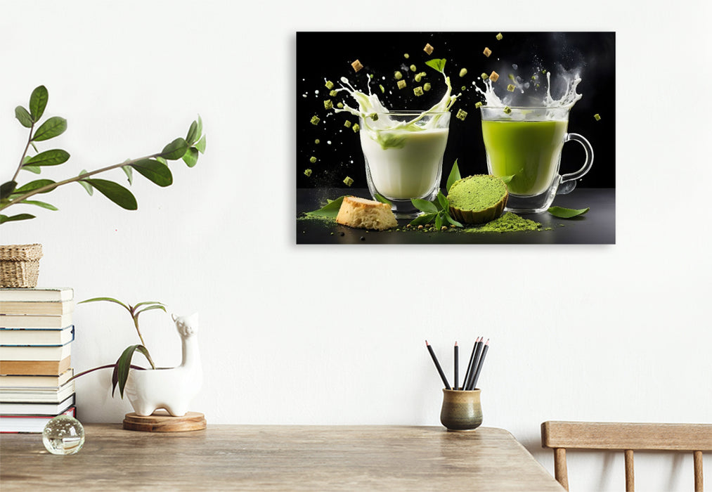 Premium Textil-Leinwand Vegane Matcha-Latte-Drinks mit Hafermilch und Matcha Mochi