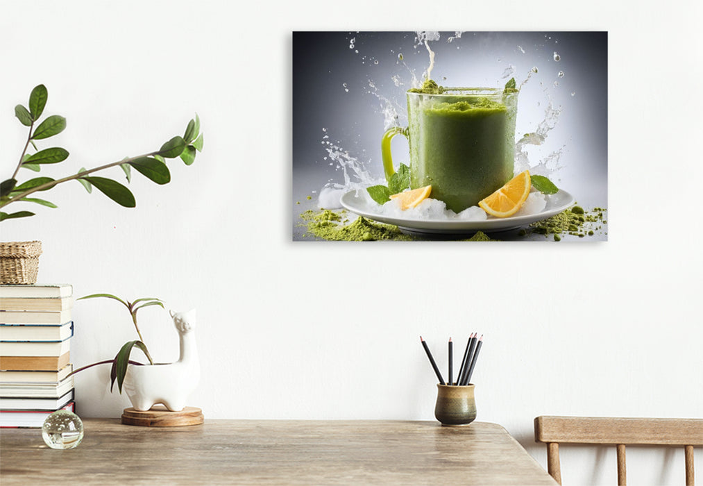 Premium Textil-Leinwand Matcha-Latte serviert auf einem Bett aus zerstoßenem Eis