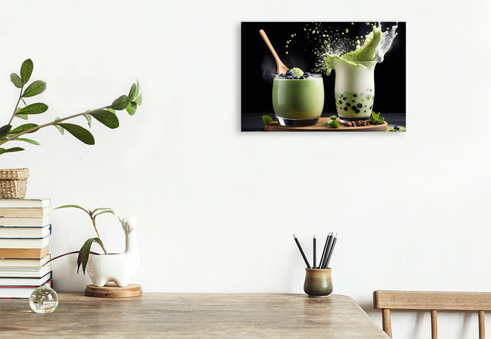 Premium Textil-Leinwand Matcha-Blackberry-Mousse und trendiger Matcha-Boba-Latte