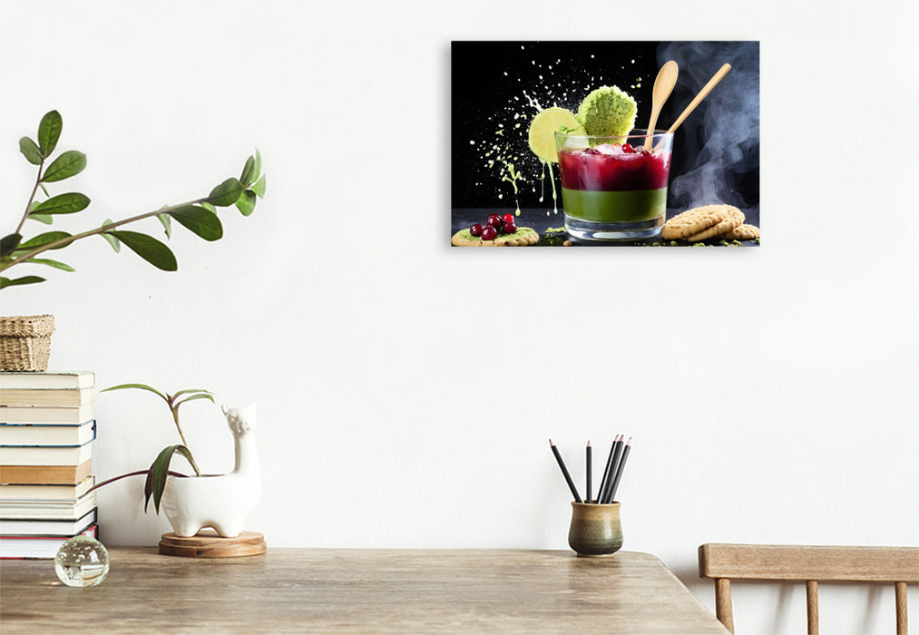 Premium Textil-Leinwand Lifestyle-Getränk Cranberry-Matcha-Latte mit Matcha-Cookie